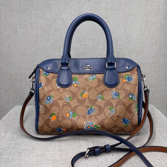 COACH Rowan Satchel Blue Canvas Floral Meadow Print Purse Handbag Crossbody Bag - Picture 1 of 12